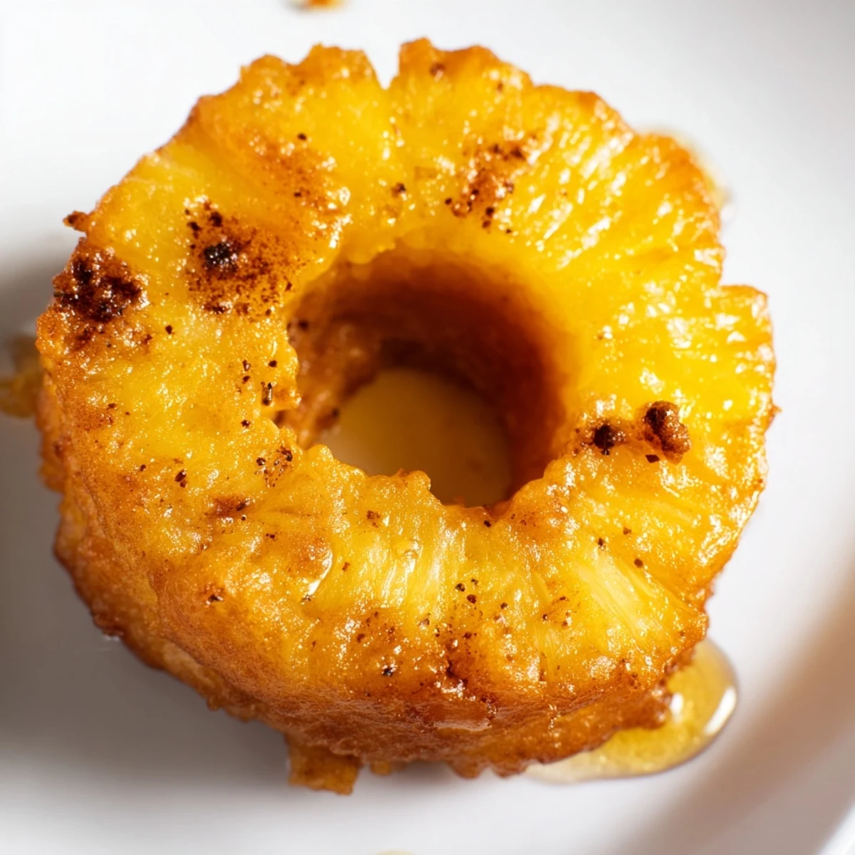 Crispy Fried Pineapple dessert served warm, with golden caramelized edges and a hint of spice on a rustic wooden table.