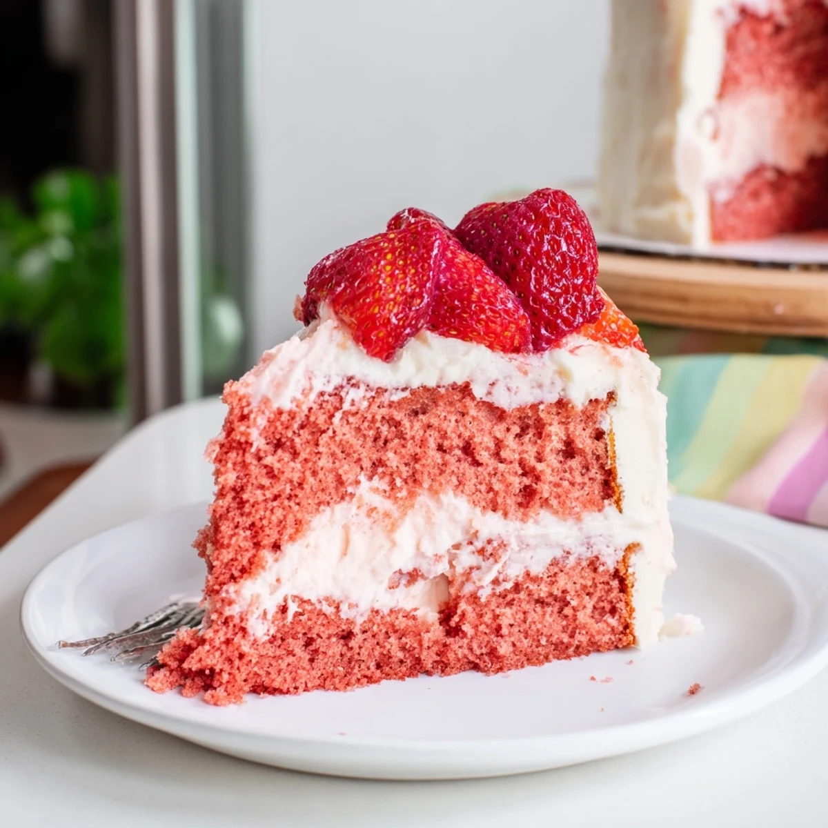 A slice of Strawberry Velvet Cake shows a tender pink crumb and fresh strawberry garnish.