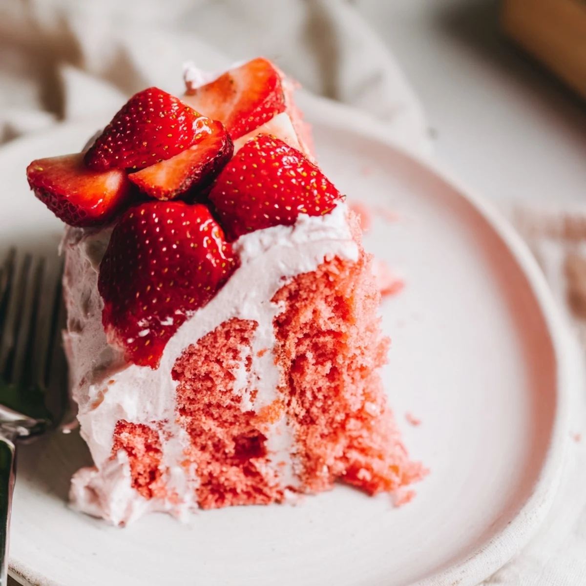 Close-up of Strawberry Velvet Cake with swirls of cream cheese frosting and ripe strawberry halves.