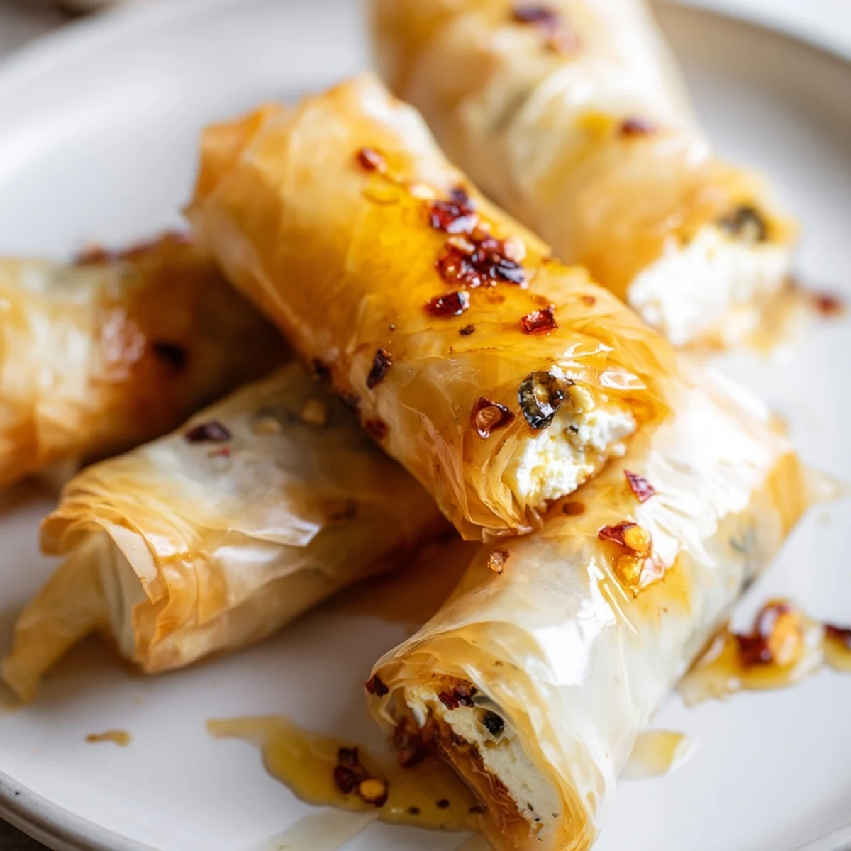 Crispy baked Oven Fried Feta Rolls with Spicy Chili Honey on a rustic plate, golden phyllo wrapped around creamy feta and herbs, drizzled sweet and spicy honey.