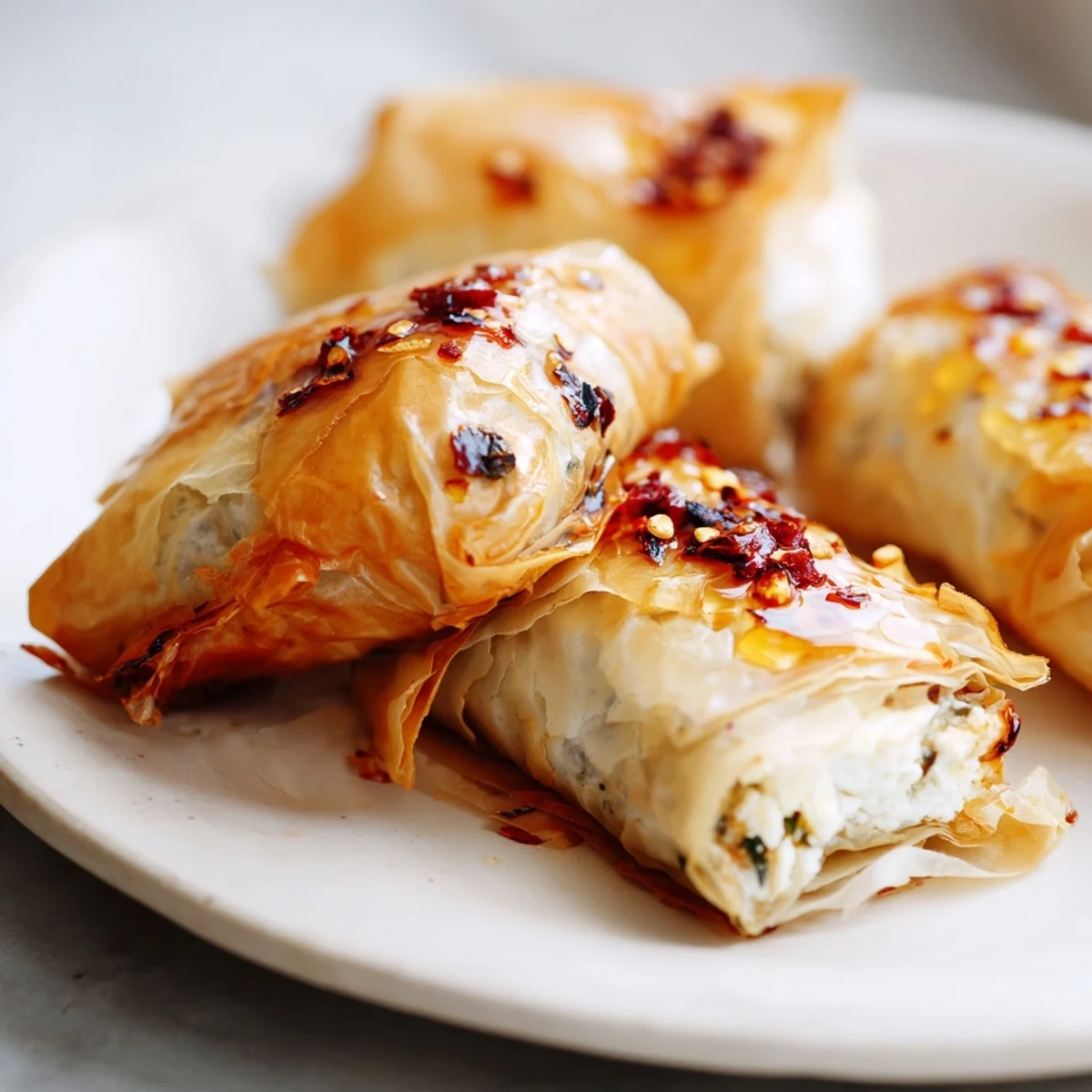 Close-up of Oven Fried Feta Rolls with Spicy Chili Honey showing flaky, golden-brown phyllo layers and a generous honey-chili drizzle, garnished with fresh dill.