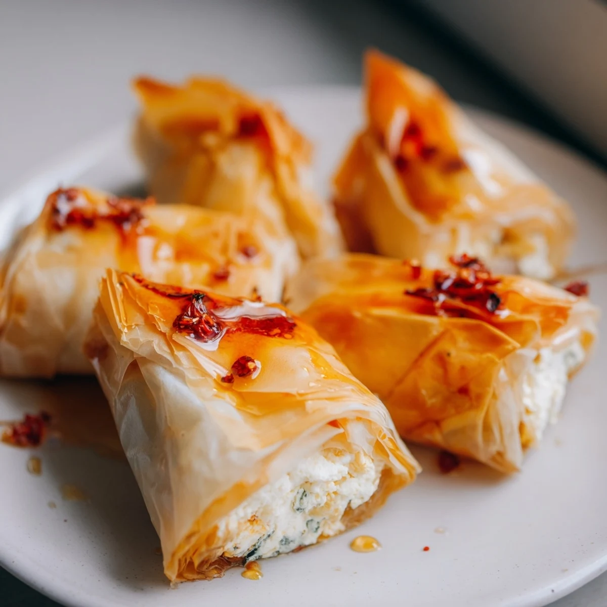 A platter of Oven Fried Feta Rolls with Spicy Chili Honey served with extra chili honey for dipping, fresh herbs, and lemon wedges on a marble table.