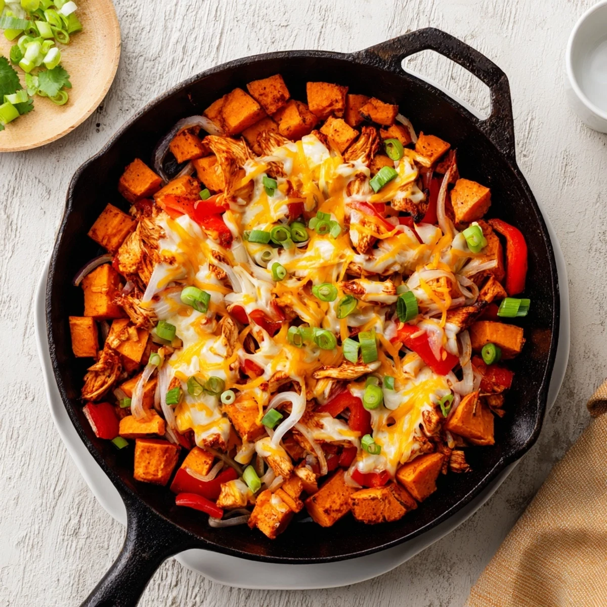 A vibrant skillet meal of diced sweet potatoes, smoky shredded BBQ chicken, and red bell peppers, finished with melted cheese and fresh jalapeño slices.