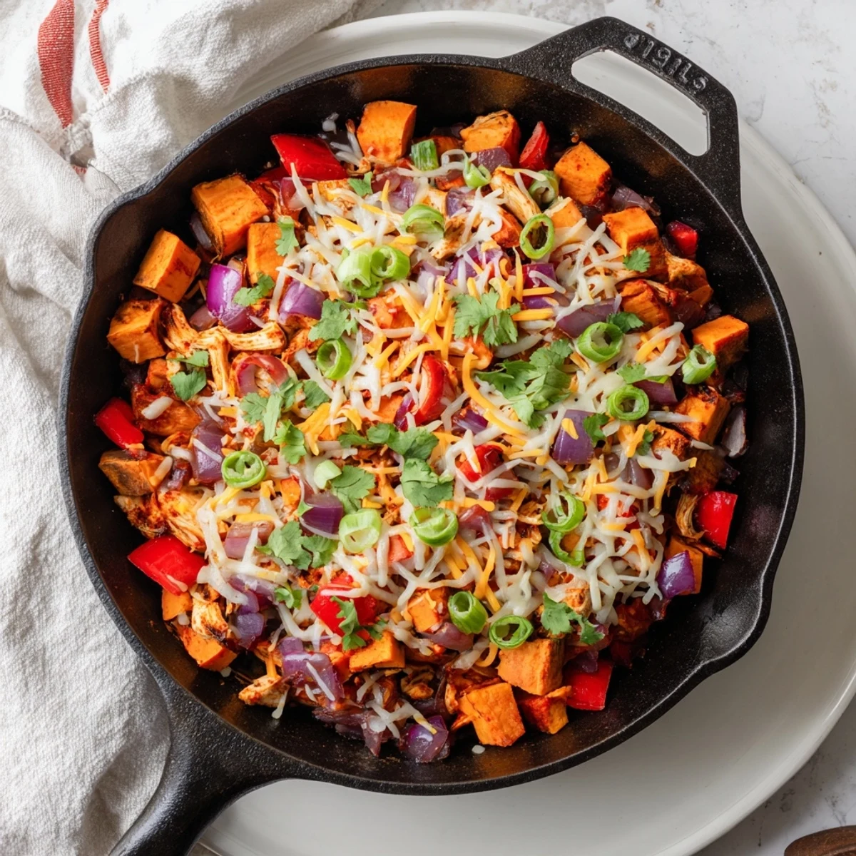 Hearty Sweet Potato Skillet with BBQ Chicken & Cheese served hot with colorful toppings, a perfect gluten-free comfort food for a family dinner.