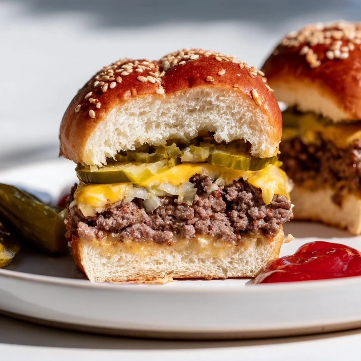 Freshly baked White Trash Sliders with melted cheese, pickles, and sesame seed buns on a platter.