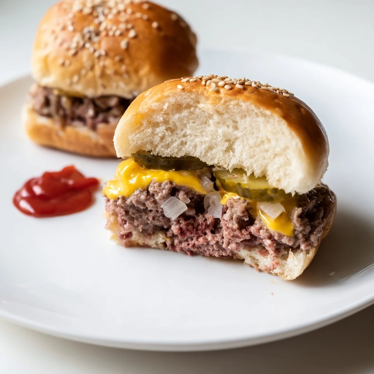 A close-up of freshly baked White Trash Sliders on a wooden board, showcasing melted cheese and pickles.