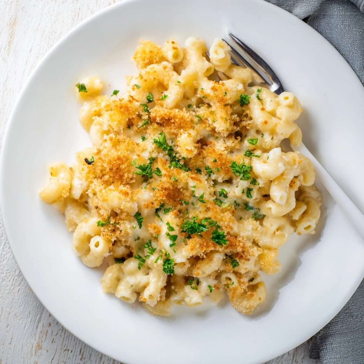 The baked mac and cheese features golden, crispy panko topping over a creamy, melted cheddar sauce filling.