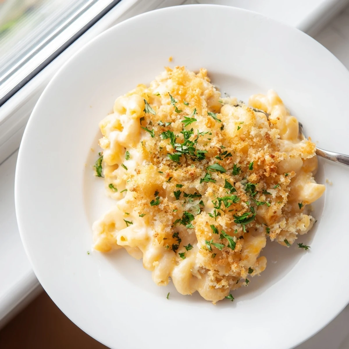 A close look at baked mac and cheese showing crunchy crust and rich, velvety cheese pasta inside.