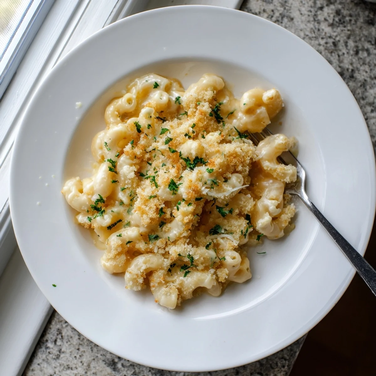 Baked mac and cheese served bubbly from the oven, ready for a comforting family dinner plate.