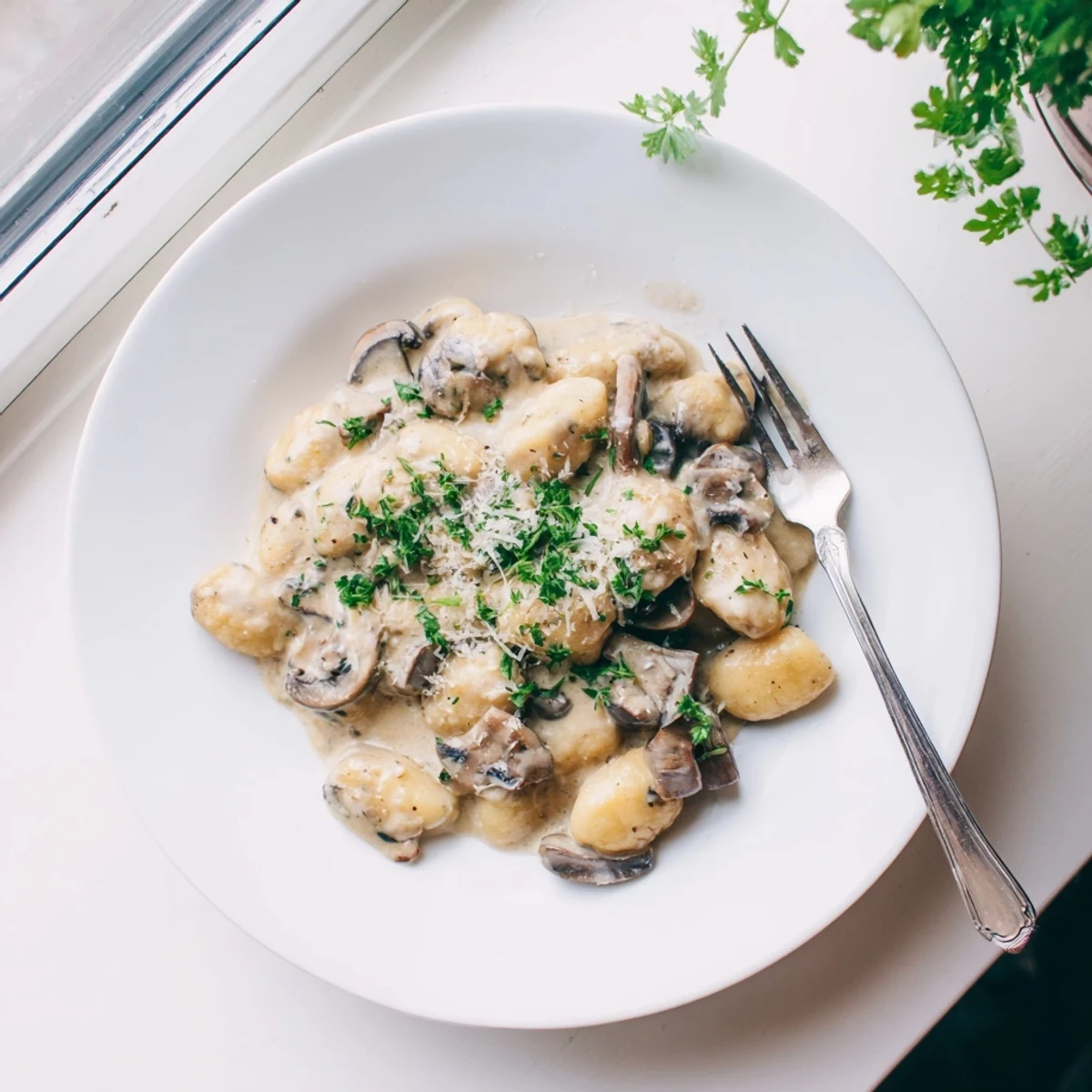 Creamy Mushroom Gnocchi served in a white bowl, featuring tender potato dumplings coated in a rich, velvety mushroom cream sauce.  