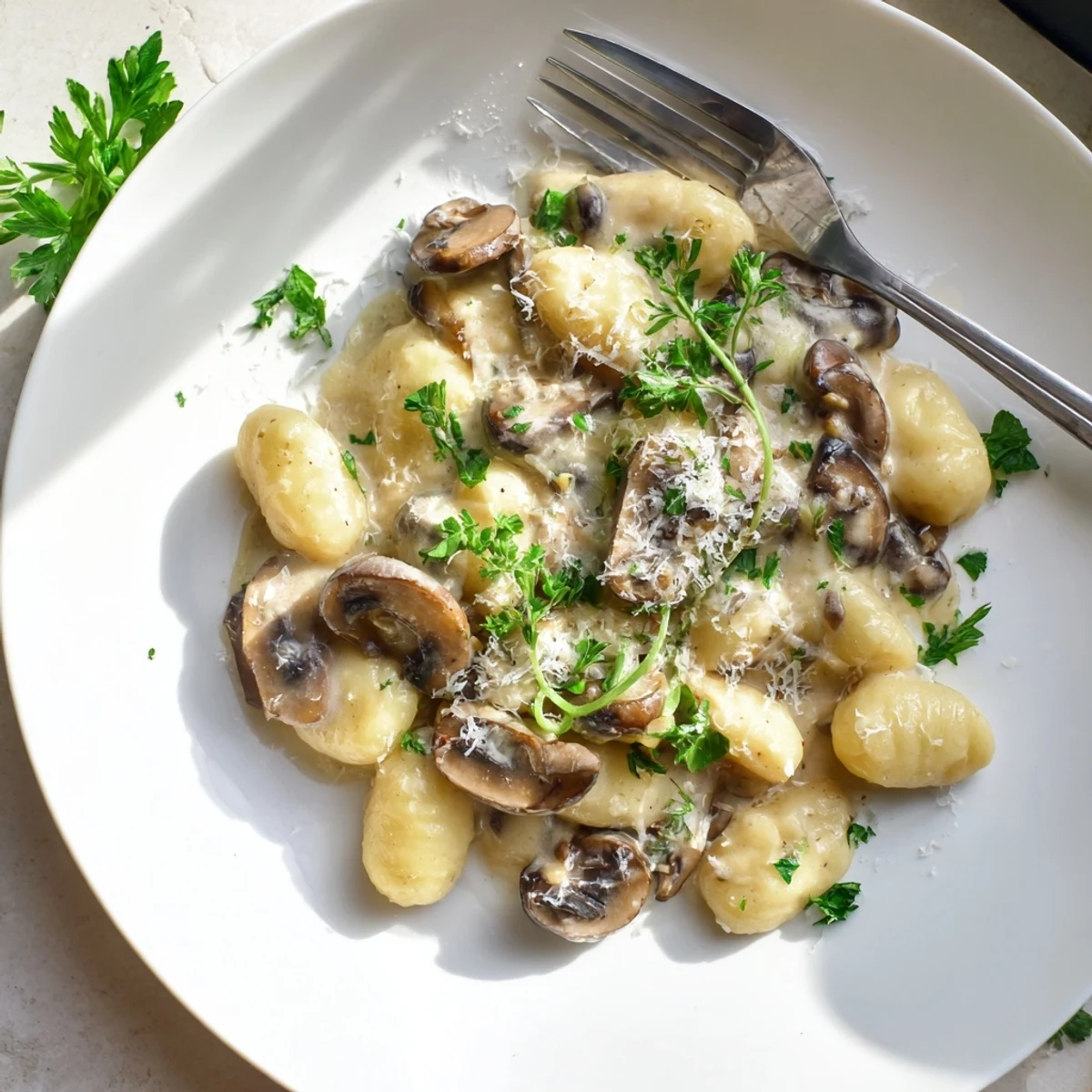 A close-up of Creamy Mushroom Gnocchi with melted Parmesan and fresh parsley, highlighting the silky texture and restaurant-quality presentation.