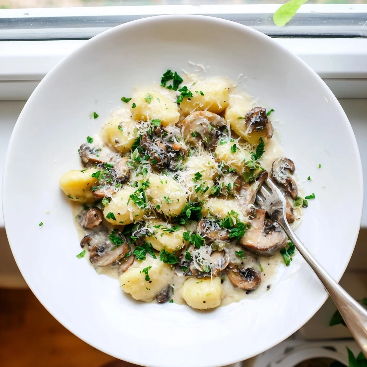 Golden brown mushrooms and aromatic garlic garnish this comforting Creamy Mushroom Gnocchi, paired perfectly with a glass of white wine.  