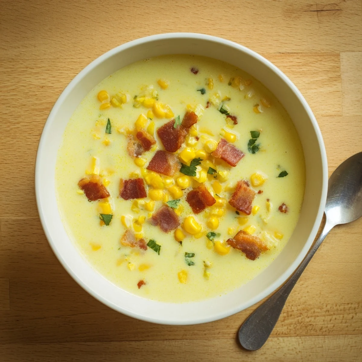 Creamy Hot Yoghurt Soup with Corn, Bacon, and Coriander served steaming hot in a rustic bowl.  