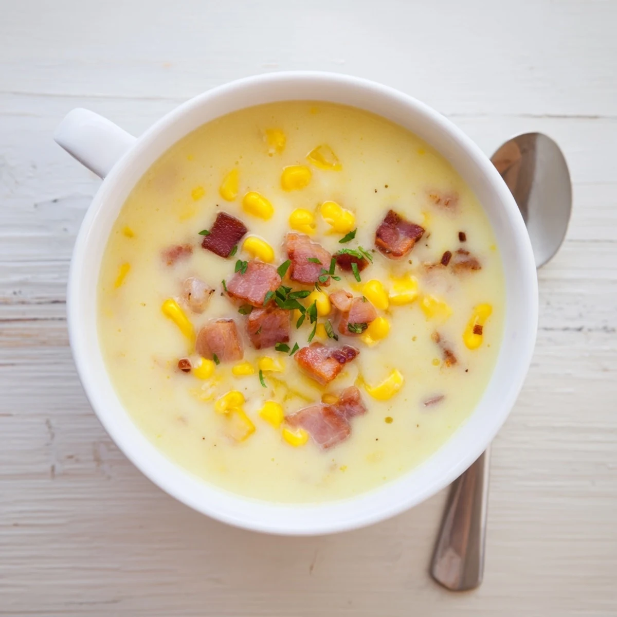 A comforting bowl of Hot Yoghurt Soup with Corn, Bacon, and Coriander alongside crusty bread.