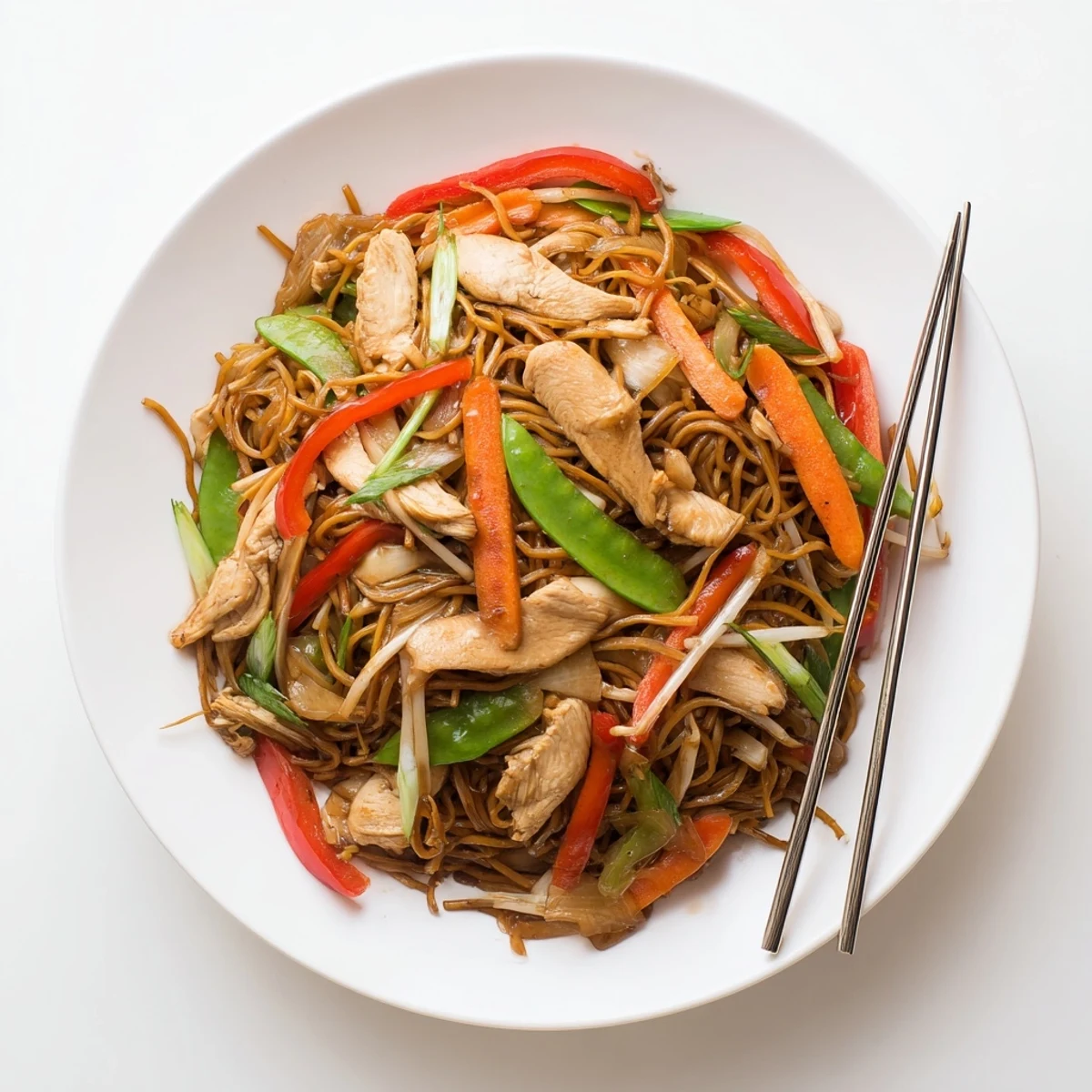 A close-up of Chicken Chow Mein with glossy noodles, tender chicken, and crisp vegetables in a savory sauce.