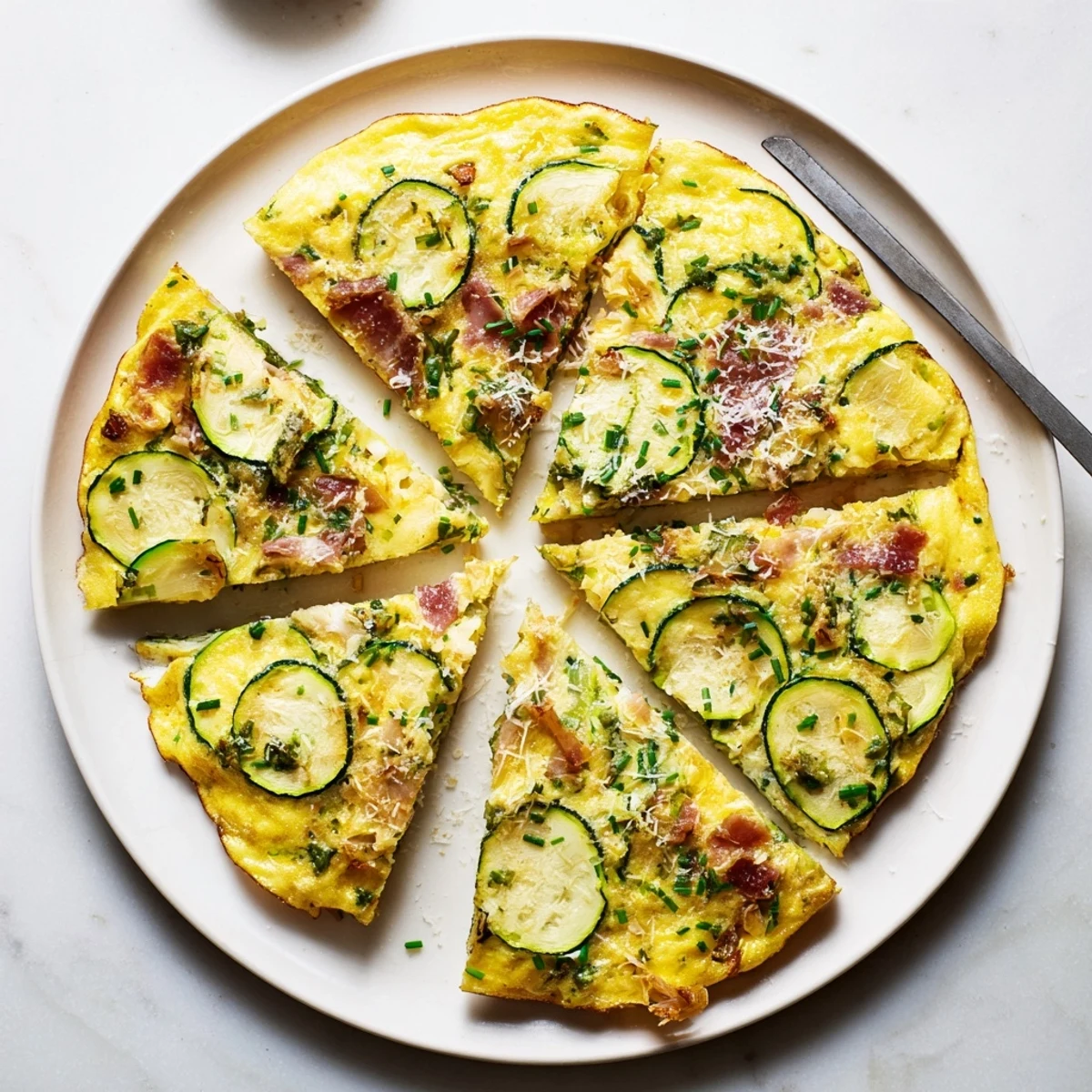 Golden slices of Zucchini Herb and Pancetta Frittata, featuring tender zucchini and crisp pancetta pieces nestled in fluffy eggs.