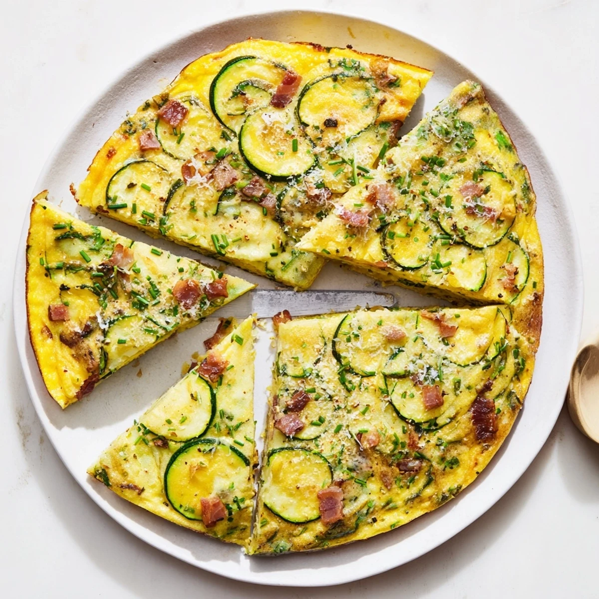 Freshly baked Zucchini Herb and Pancetta Frittata served warm from the oven, with herbs visible on top and a golden crust.