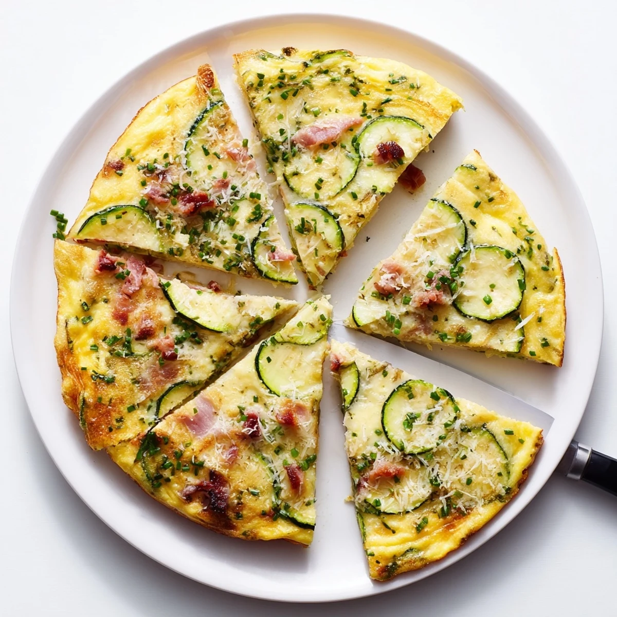 A rustic skillet of Zucchini Herb and Pancetta Frittata showcases the savory contrast of green zucchini slices and rich, diced pancetta.