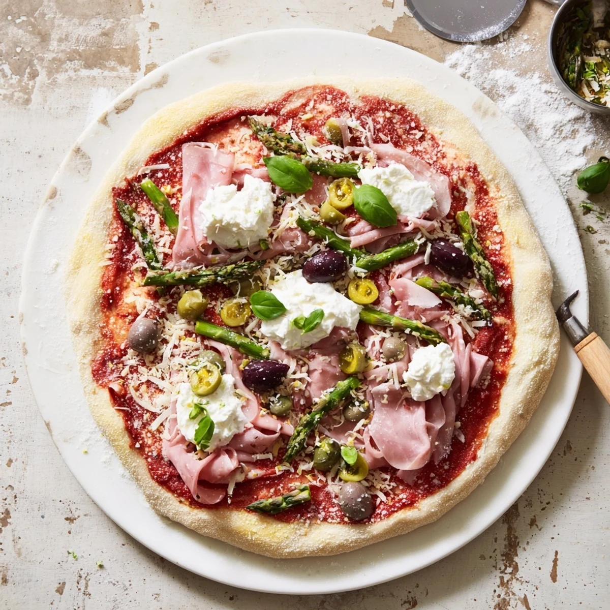 Close-up of Ham, Olive, Asparagus, and Ricotta Pizza with golden crust, smoky ham slices, and creamy ricotta dollops.