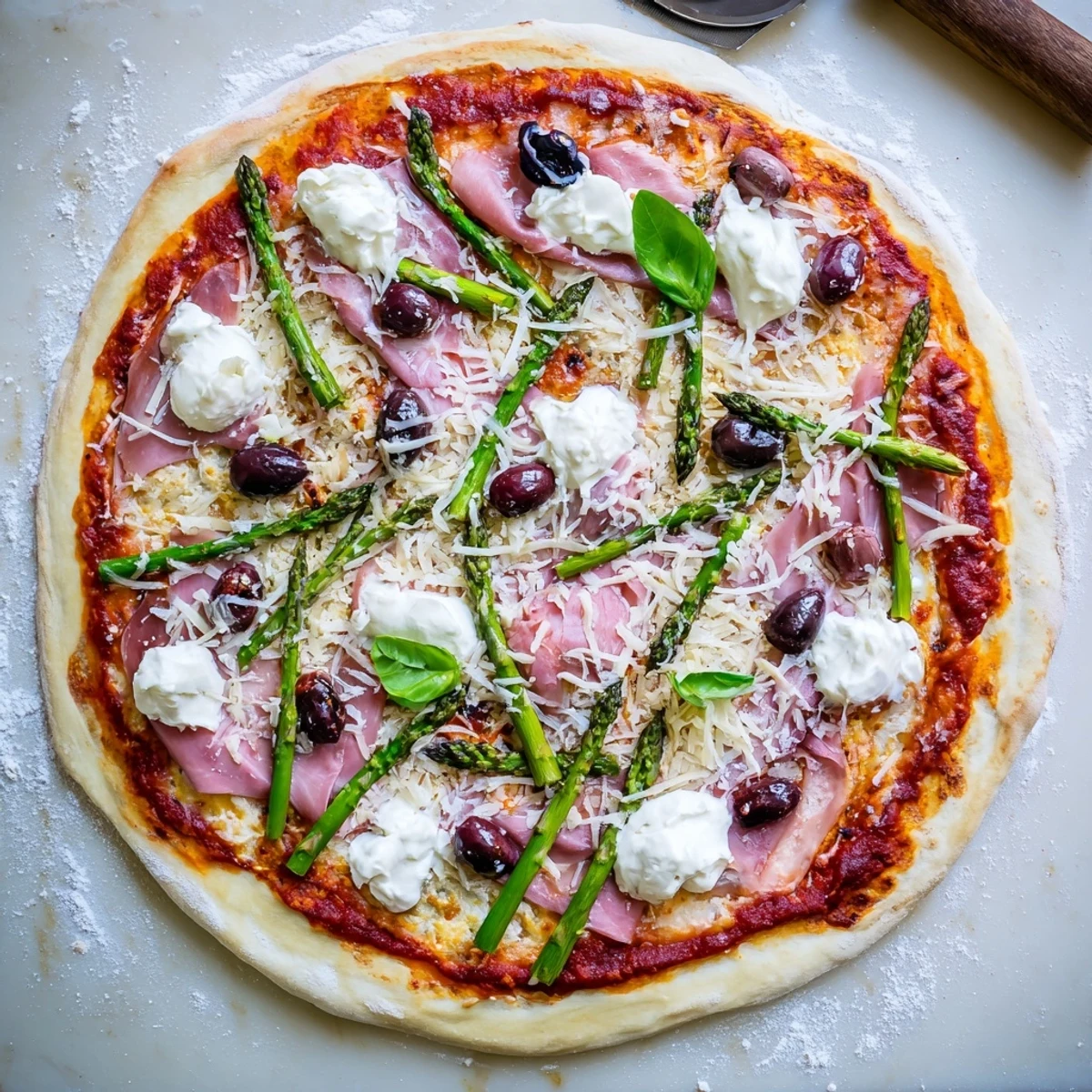 Slice being lifted from Ham, Olive, Asparagus, and Ricotta Pizza showing bubbling cheese and tender asparagus spears.