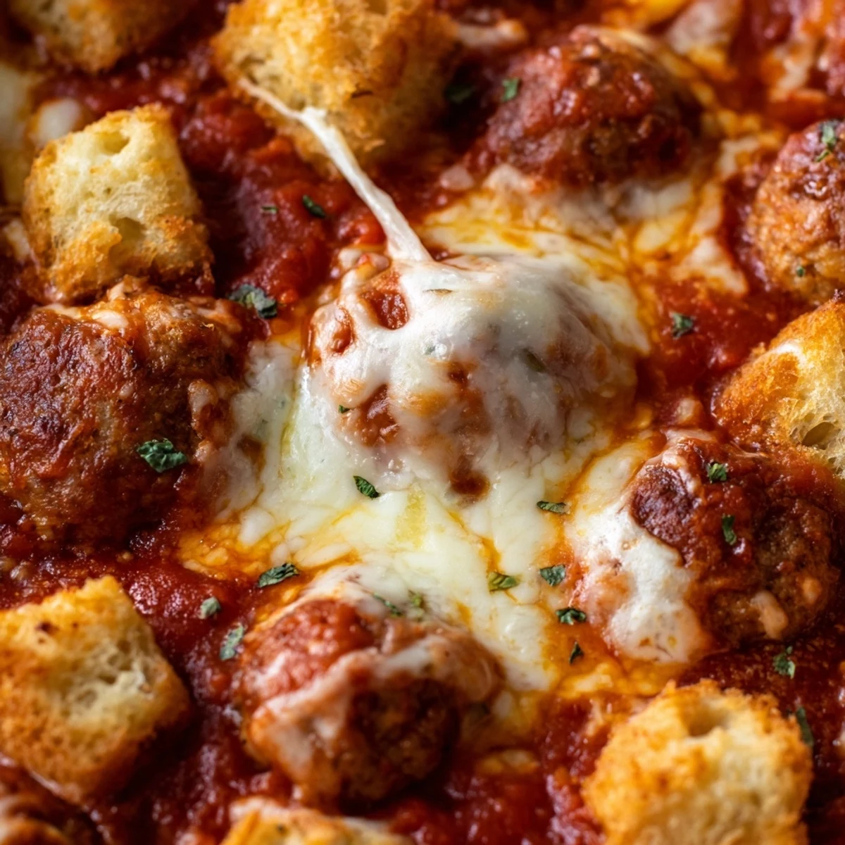 Steaming golden garlic bread cubes and melted mozzarella cover juicy turkey meatballs in a savory tomato sauce for a Turkey Meatball and Garlic Bread Bake.