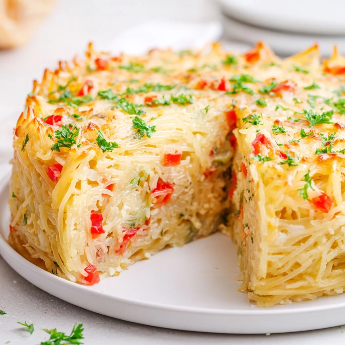 Golden-baked Impossible Pasta Pie emerges from the oven, bubbling with melted mozzarella and Parmesan over a savory egg custard and tender spaghetti strands. 