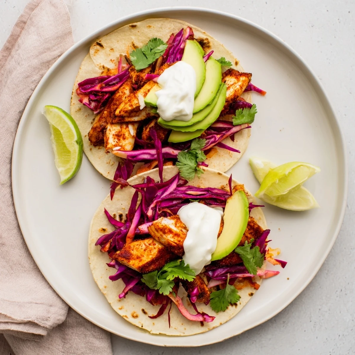 Freshly assembled Easy As Aussie Barra Tacos arranged on a plate with creamy avocado and zesty lime garnish.
