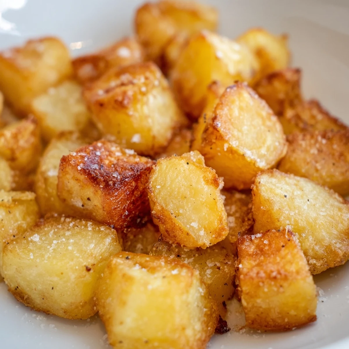 Close-up of Perfect Crispy Roast Potatoes, golden brown and sizzling, served hot alongside a juicy roast chicken.