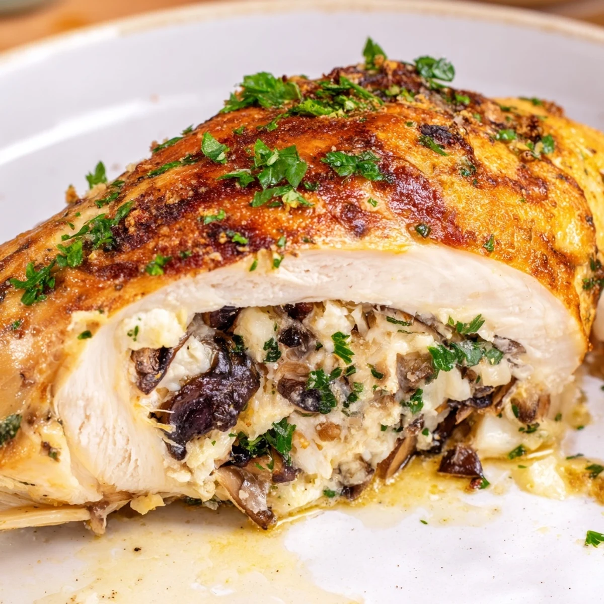 Golden-seared Flavorful Mushroom Stuffed Chicken Breast, juicy slices revealing a savory mushroom and herb filling served with fresh parsley garnish.