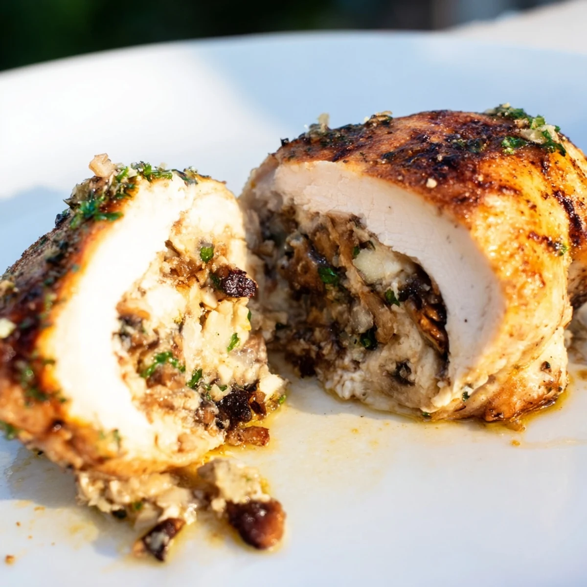 Freshly baked Flavorful Mushroom Stuffed Chicken Breast plated beside roasted vegetables, highlighting its golden crust and melted cheese filling.