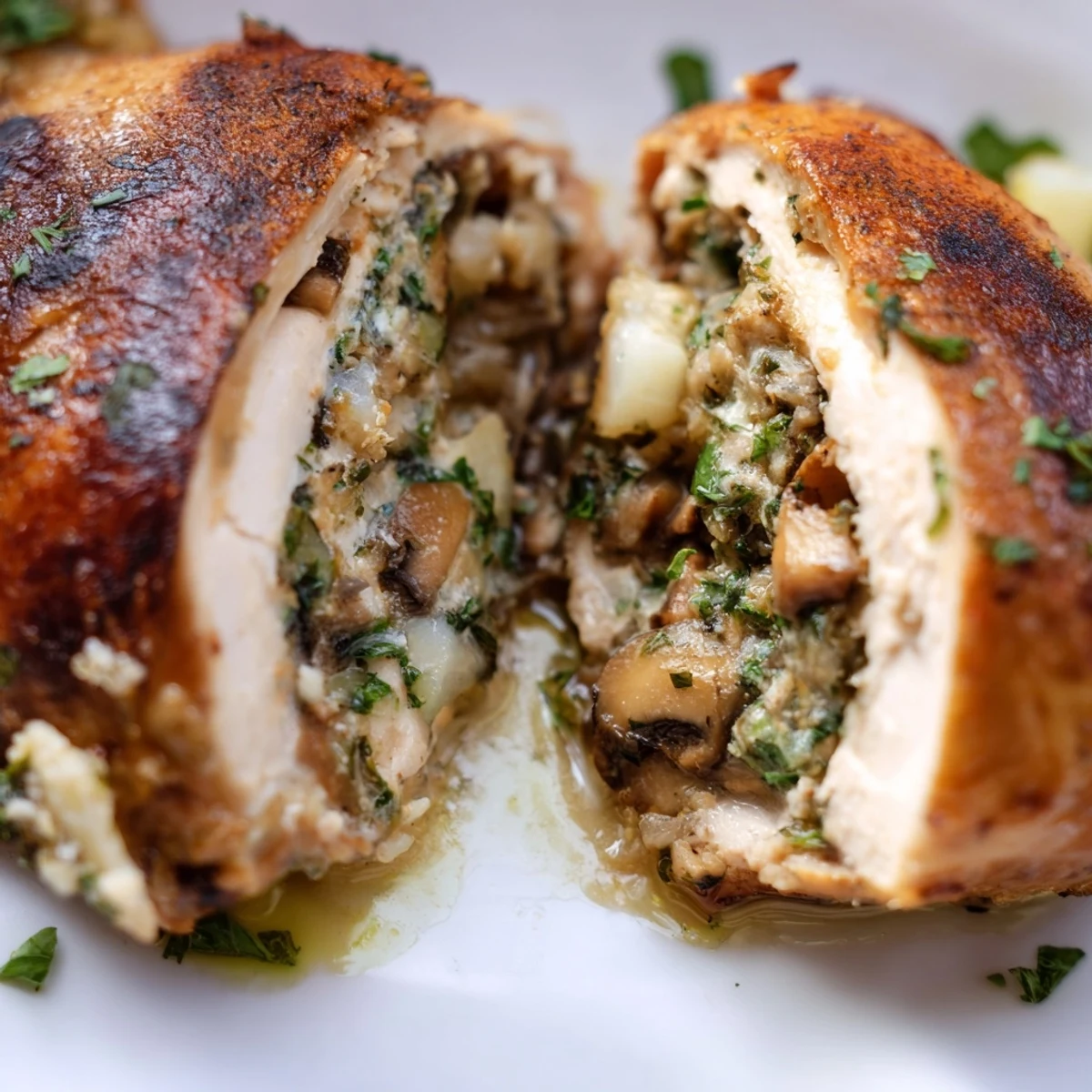 Flavorful Mushroom Stuffed Chicken Breast resting on a white plate, garnished with herbs and drizzled with pan juices for a low carb dinner.