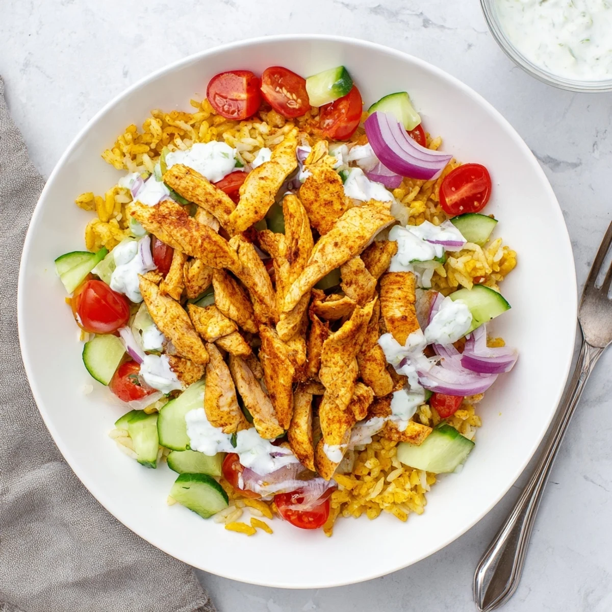 Spiced chicken and crispy golden basmati rice mingle with fresh cucumbers and tomatoes in this Chicken Shawarma Crispy Rice Salad.