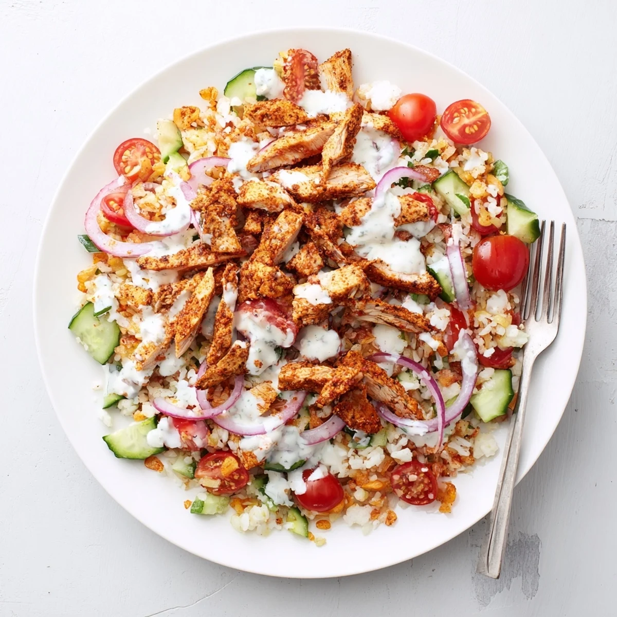 A vibrant Chicken Shawarma Crispy Rice Salad features diced veggies, juicy shawarma-spiced chicken, and crispy rice textures ready to serve.