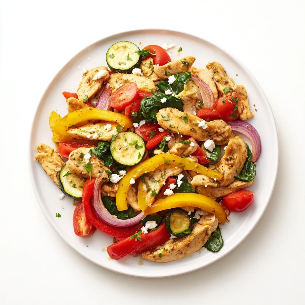 Vibrant Mediterranean Chicken Stir Fry with tender chicken, crisp bell peppers, zucchini, and cherry tomatoes tossed in a lemony sauce.