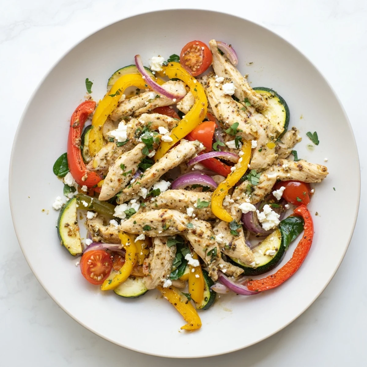 Hearty Mediterranean Chicken Stir Fry served over fluffy quinoa, garnished with feta and fresh parsley for a bright, healthy dinner.
