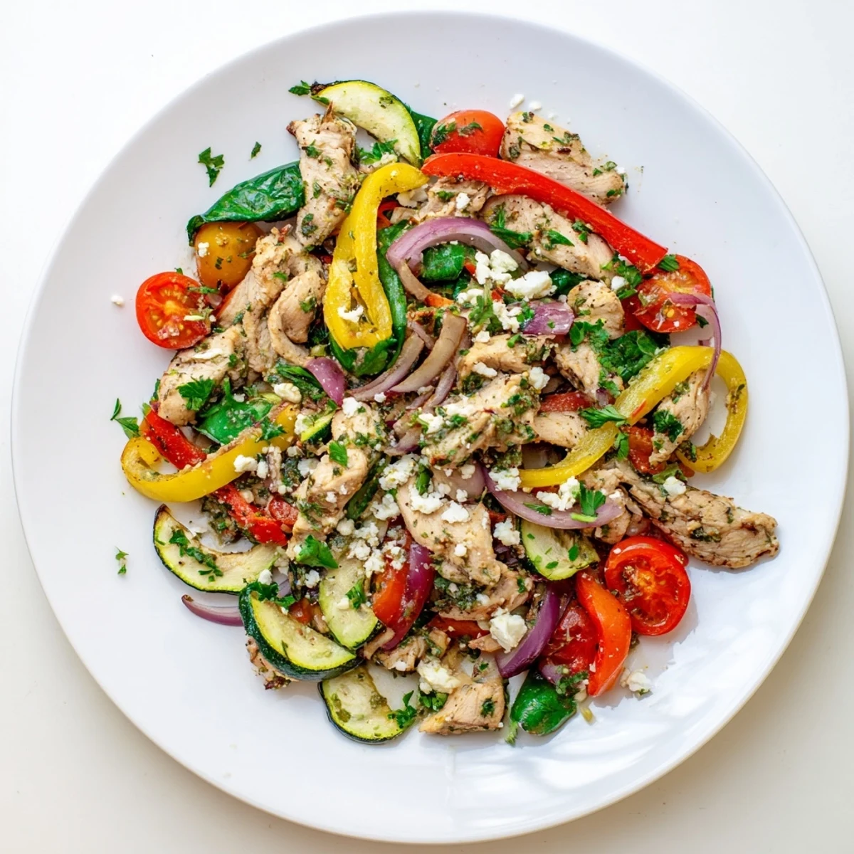 Colorful Mediterranean Chicken Stir Fry sizzling in a skillet, releasing aromatic garlic, oregano, and smoked paprika scents while spinach wilts.