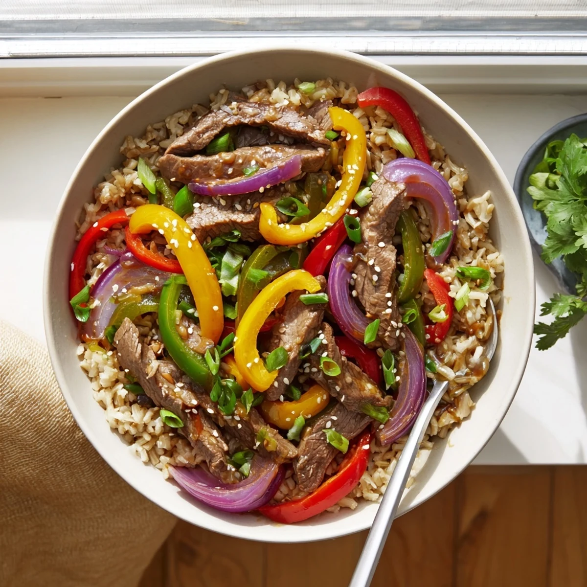 Healthy Beef and Pepper Rice Bowl served hot, topped with sesame seeds and fresh cilantro for a flavorful meal.