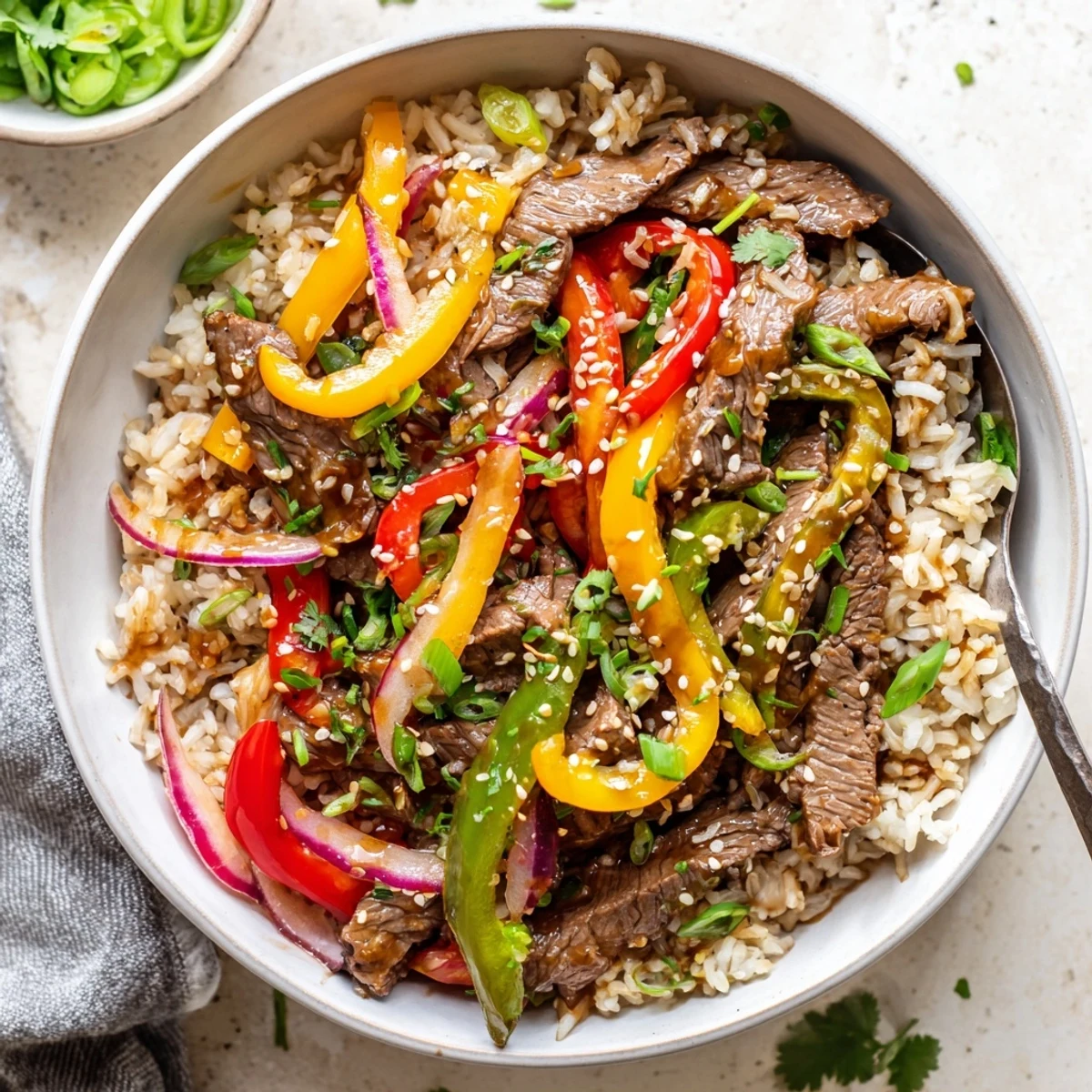 Close-up of a Healthy Beef and Pepper Rice Bowl with tender beef strips and crisp multicolored bell peppers on fluffy brown rice.