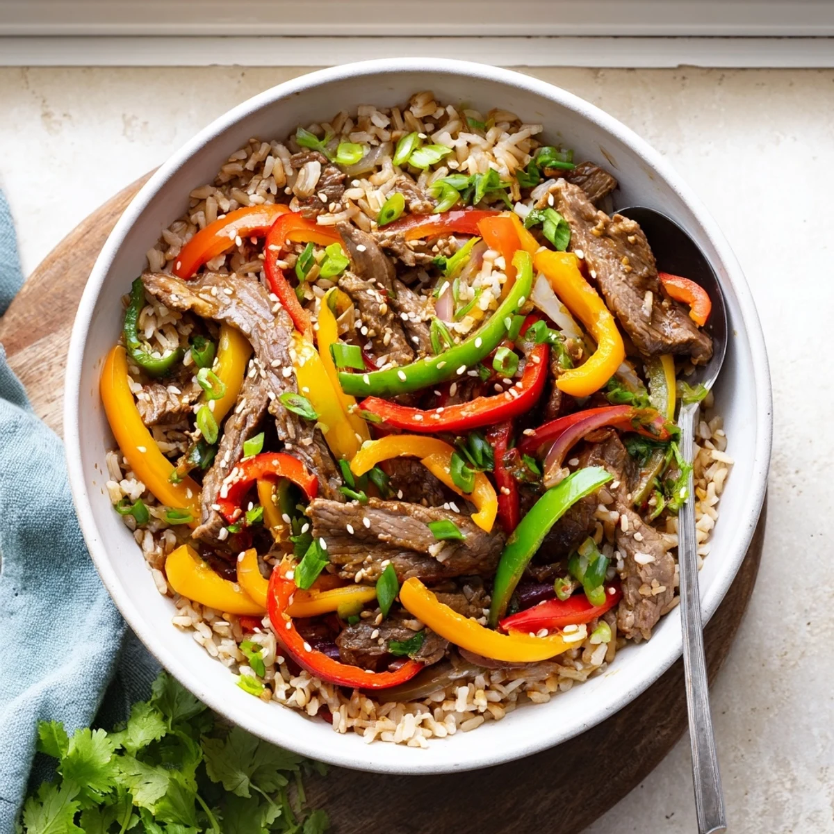 A steaming Healthy Beef and Pepper Rice bowl with colorful peppers and beef, garnished with green onions on a rustic table.