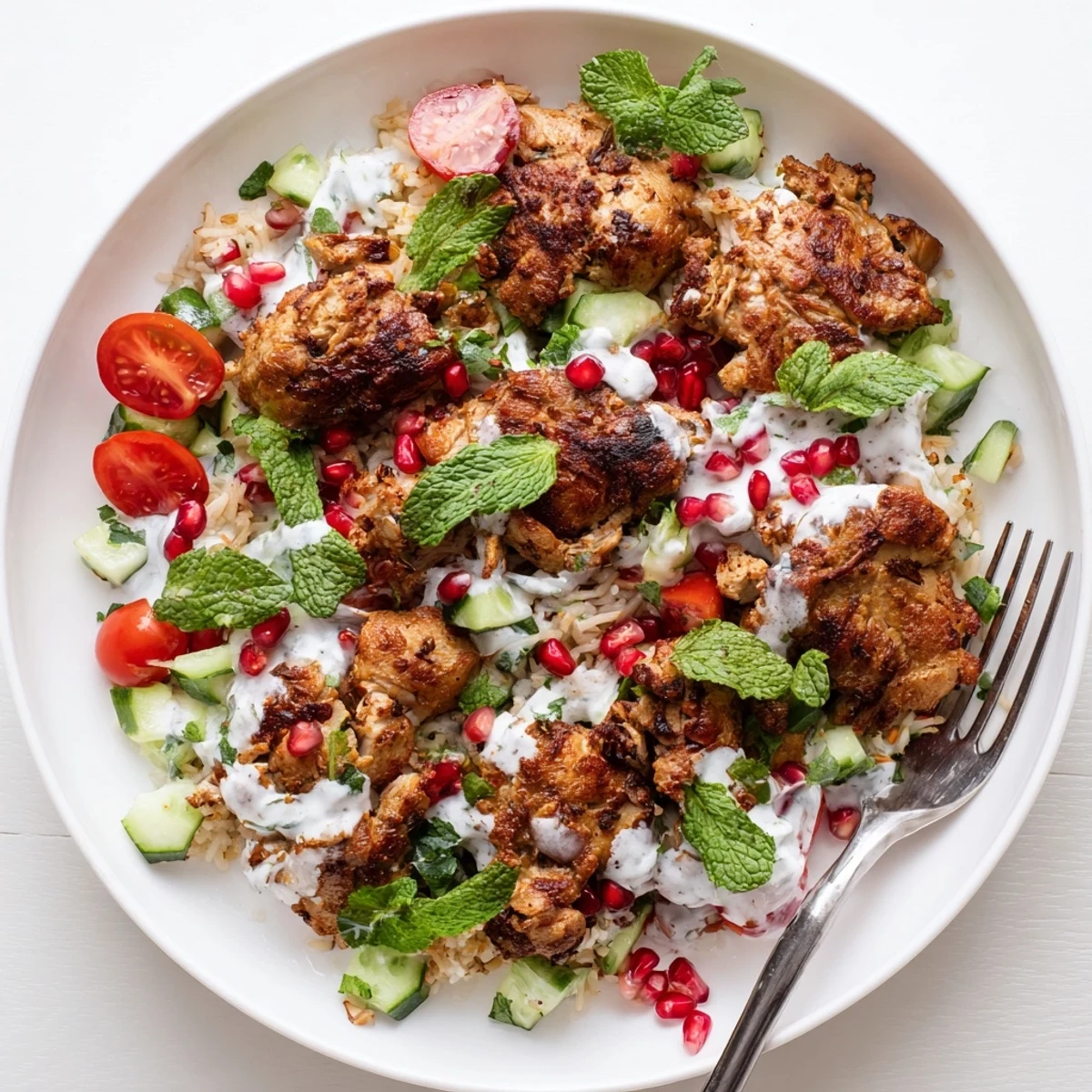 Crispy golden rice meets spiced chicken in this Chicken Shawarma Crispy Rice Salad, drizzled with creamy yogurt-tahini dressing.