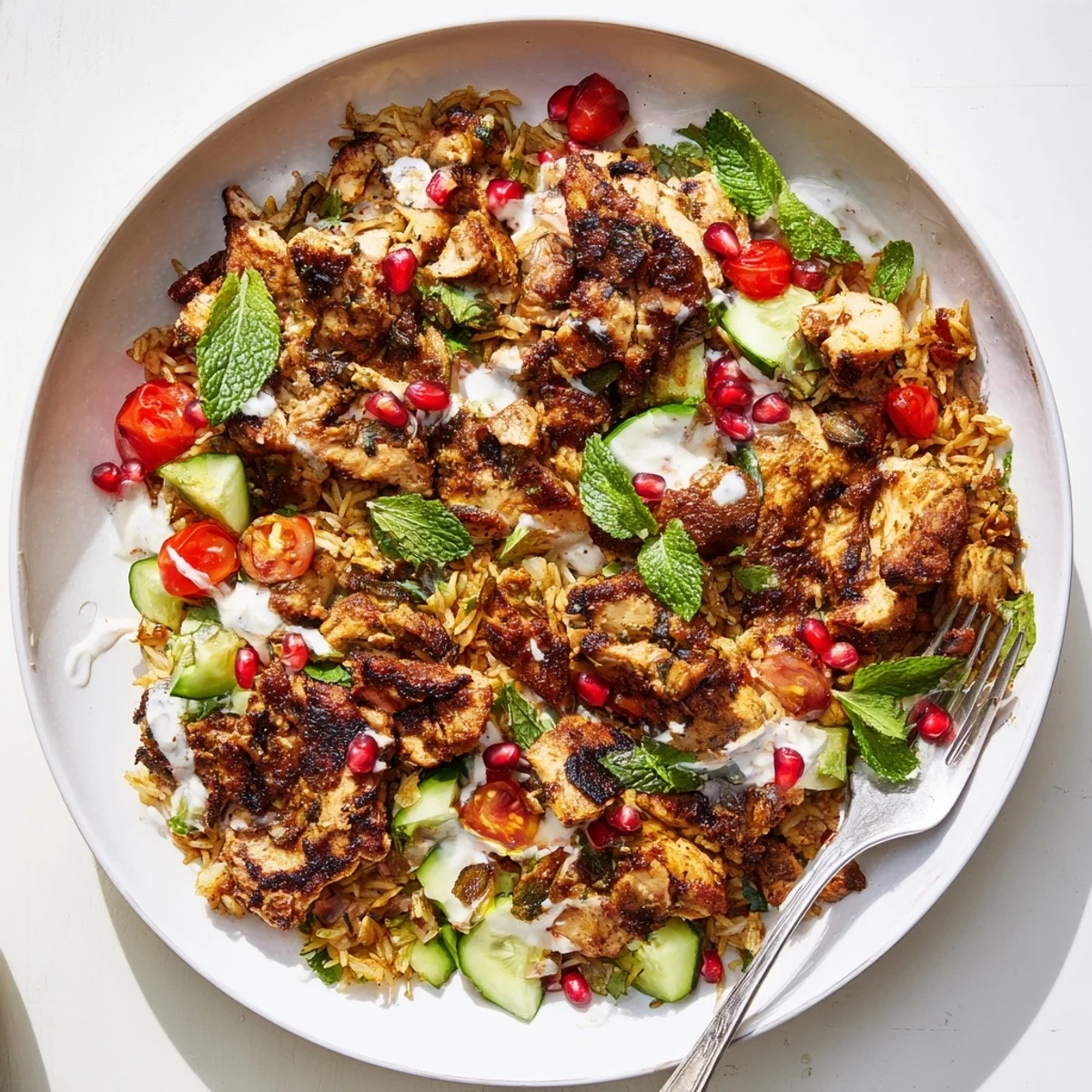Colorful cherry tomatoes and cucumbers add freshness to the Chicken Shawarma Crispy Rice Salad served on a rustic table.