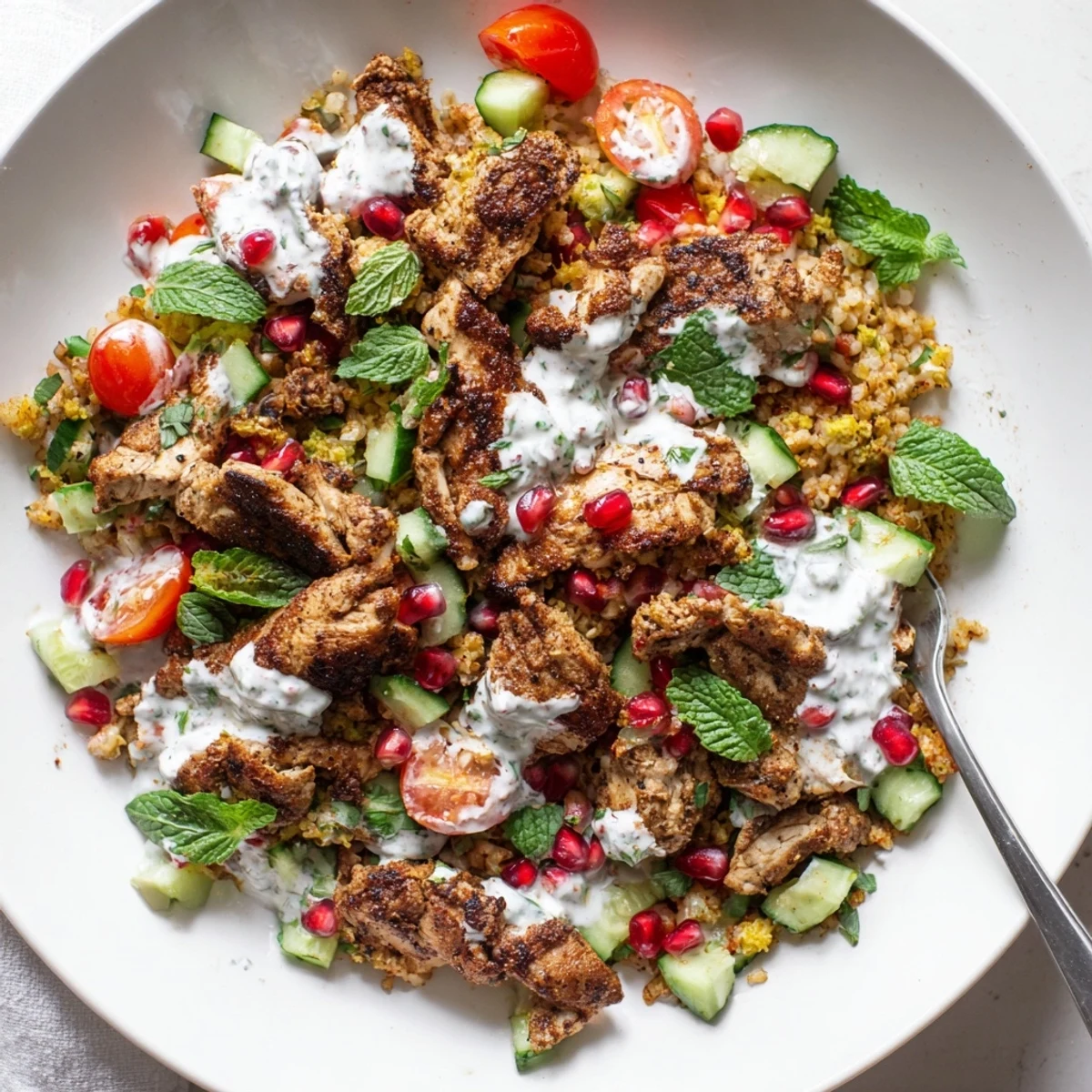 Sizzling shawarma chicken and crunchy rice are tossed with herbs and pomegranate seeds in this Chicken Shawarma Crispy Rice Salad.