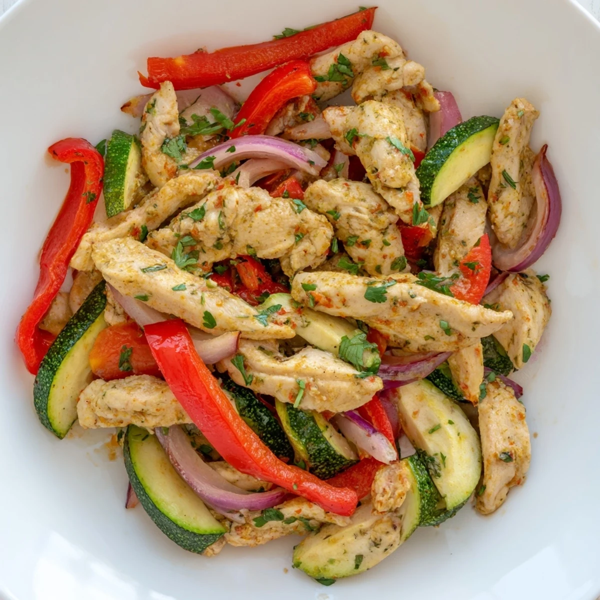 Healthy Mediterranean Chicken Stir Fry with tender vegetables, olive oil, garlic, and oregano on a plate for a family dinner.