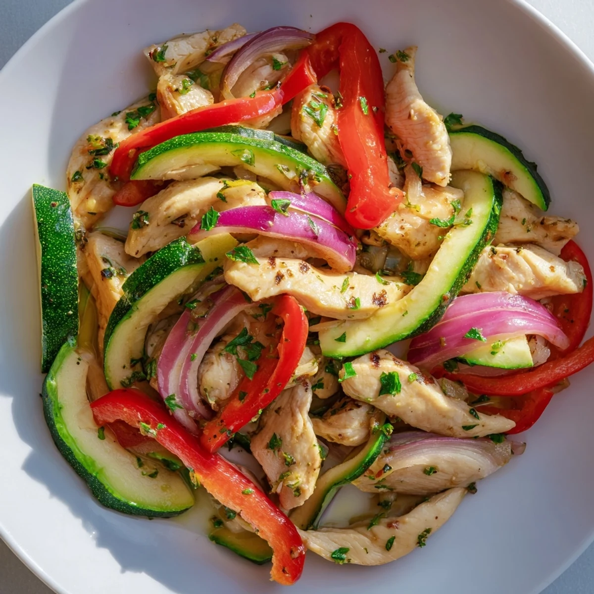 Freshly cooked Mediterranean Chicken Stir Fry served warm in a skillet with lemon wedges and a sprinkle of parsley.