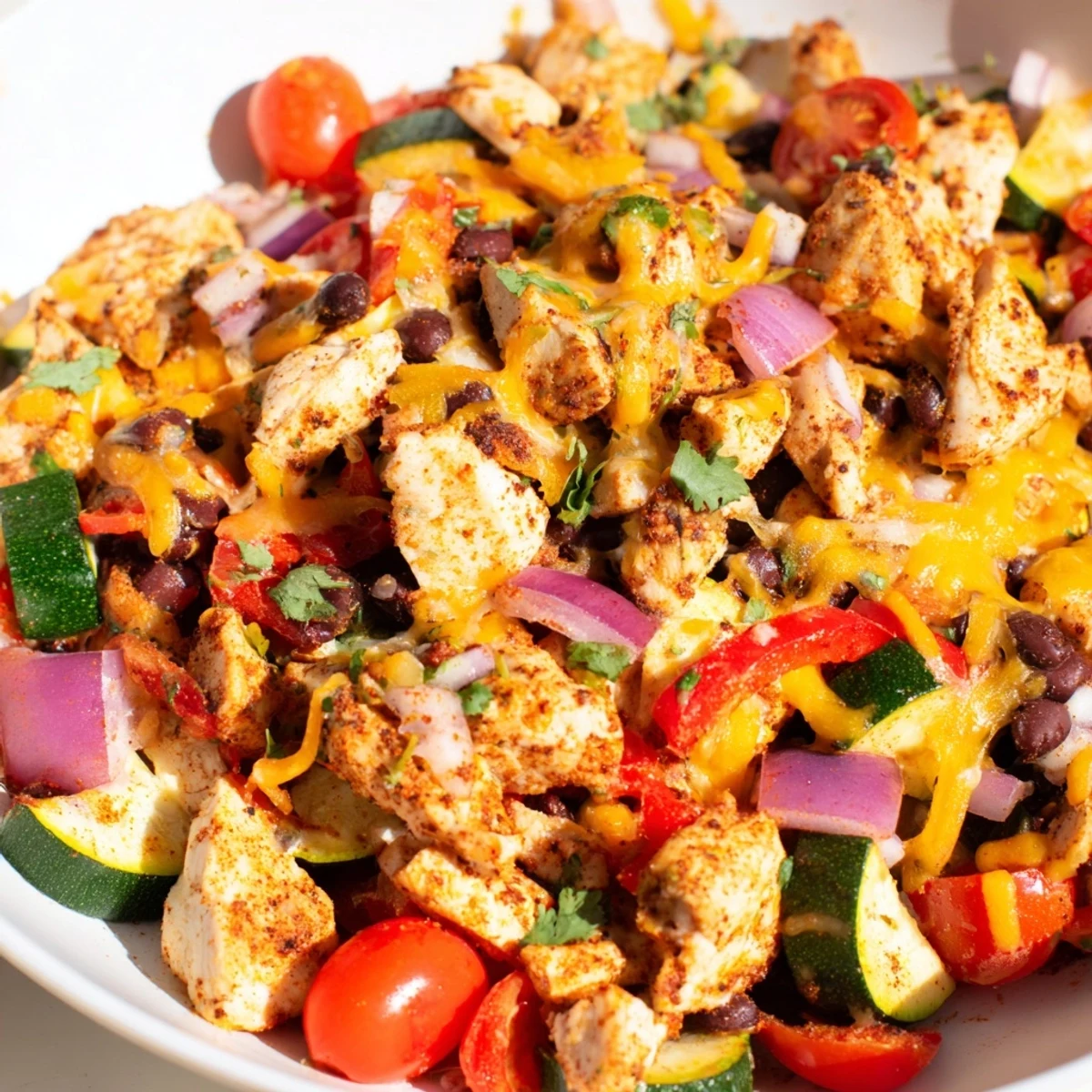 Steam rises from a colorful skillet of Tex Mex Chicken and Zucchini with black beans and fresh cilantro.