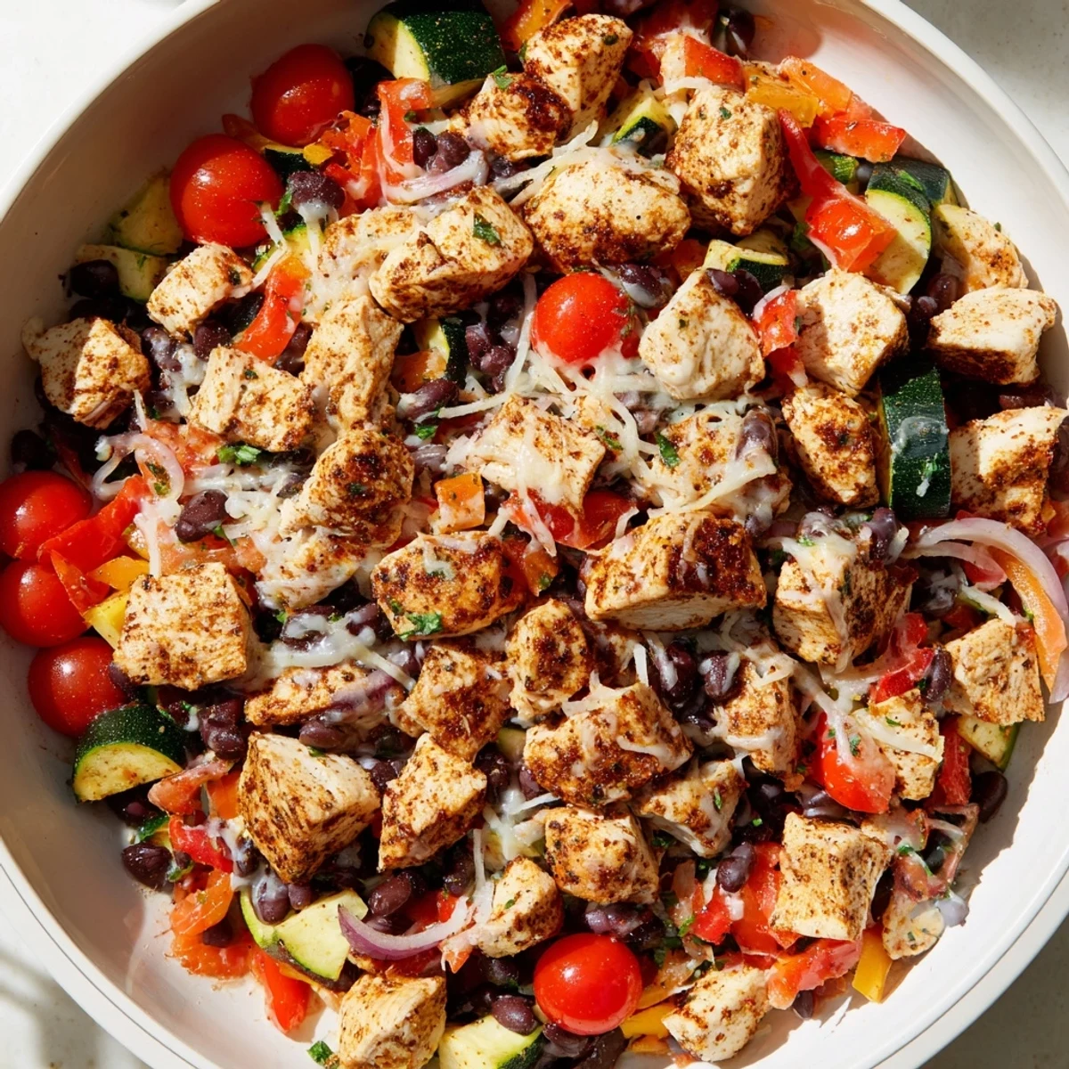 Golden, melty cheese blankets juicy chicken and sautéed zucchini in a sizzling Tex Mex Chicken and Zucchini skillet.