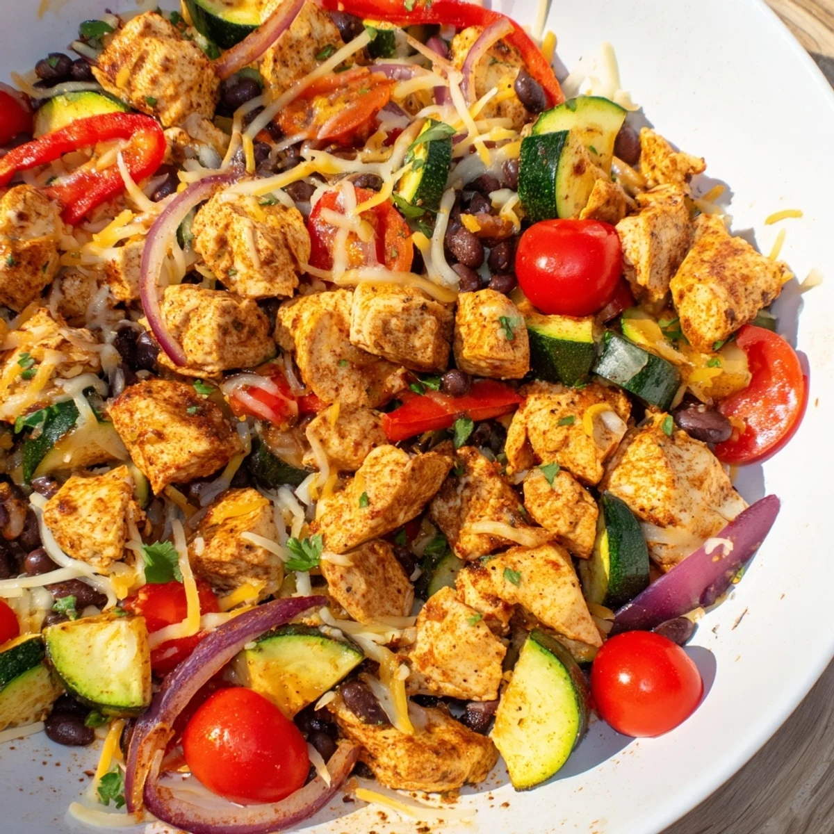 Sliced jalapeños and lime wedges garnish a hearty serving of Tex Mex Chicken and Zucchini with melted cheese.