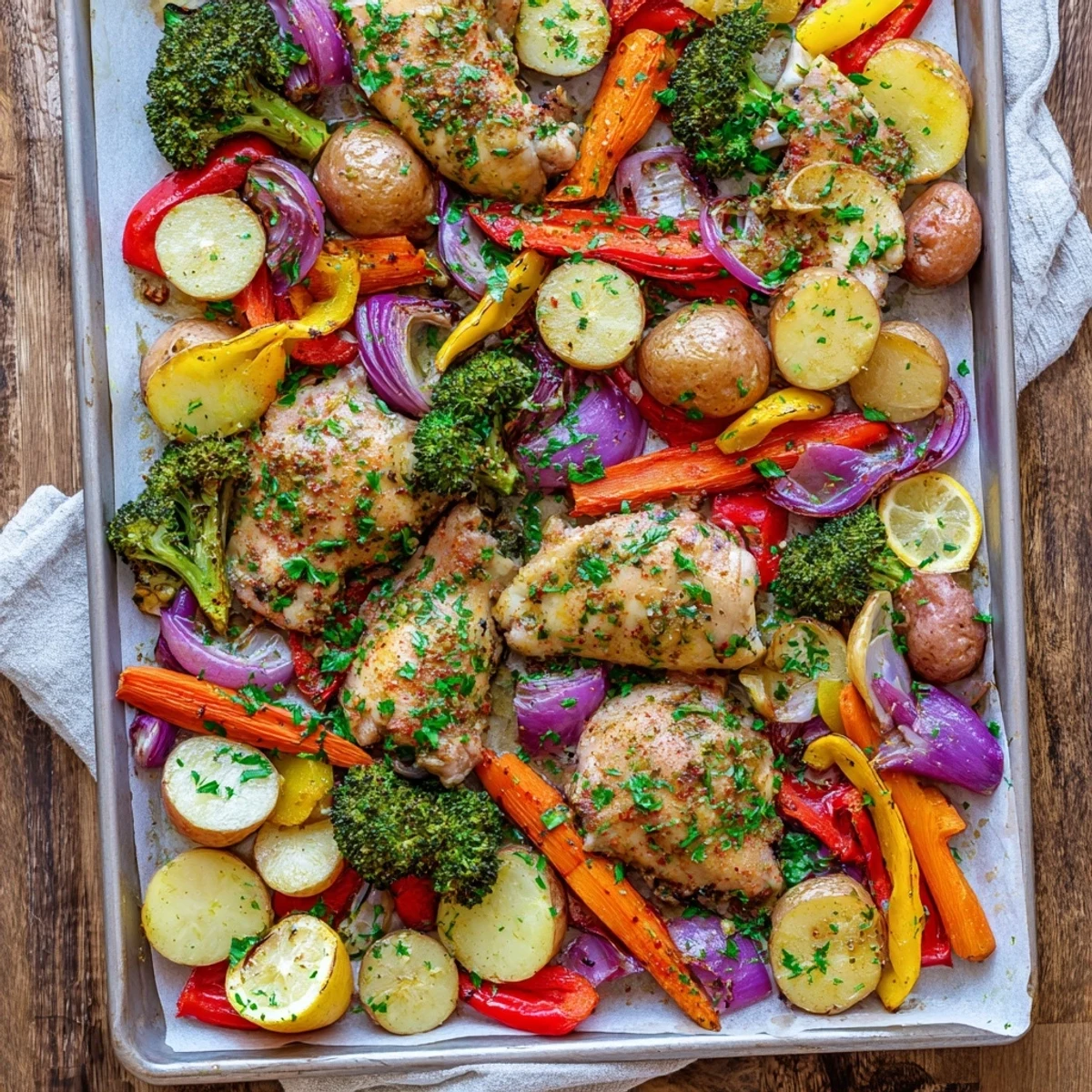 Roasted Sheet Pan Lemon Herb Chicken and Vegetables featuring juicy chicken breasts and colorful broccoli, peppers, and potatoes.