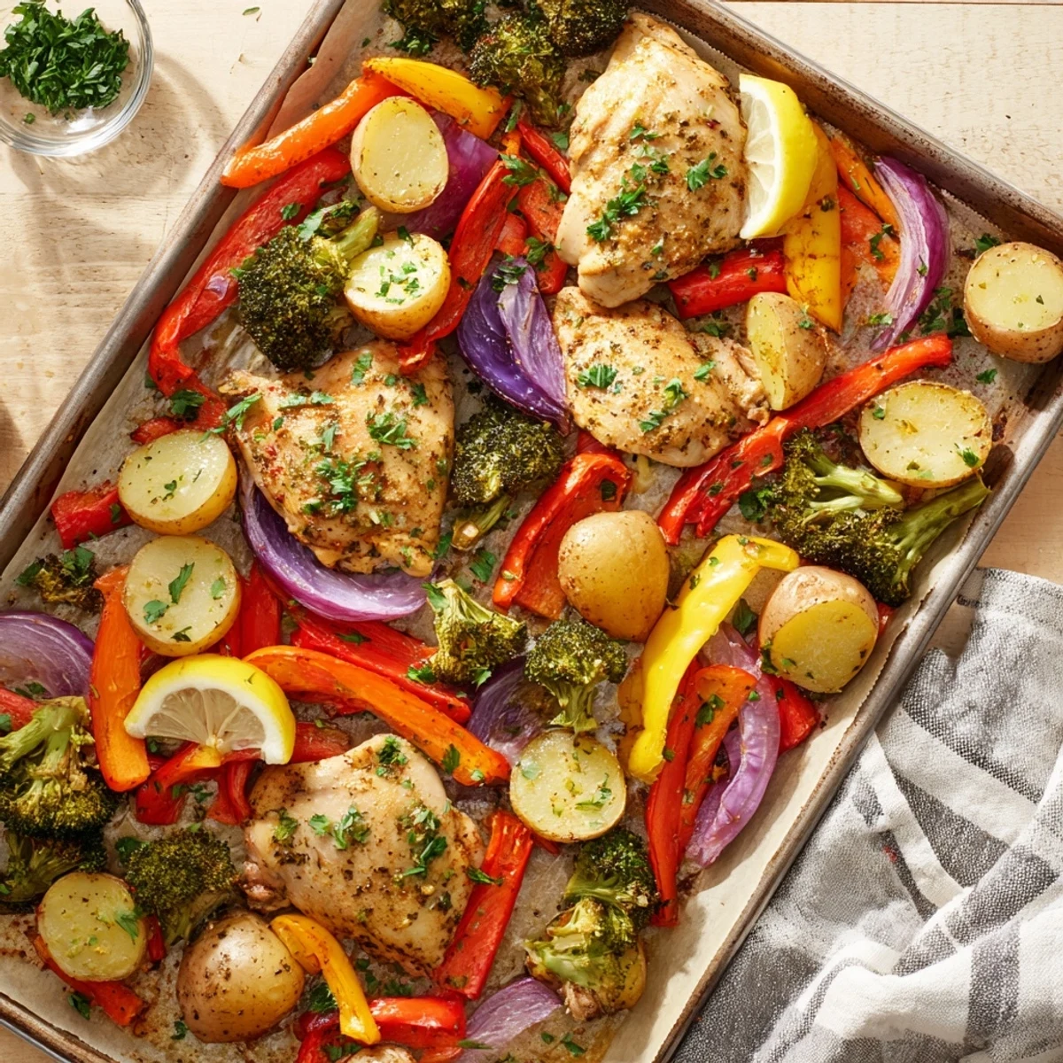 Sizzling Sheet Pan Lemon Herb Chicken and Vegetables served family-style right from the pan for an easy weeknight dinner.
