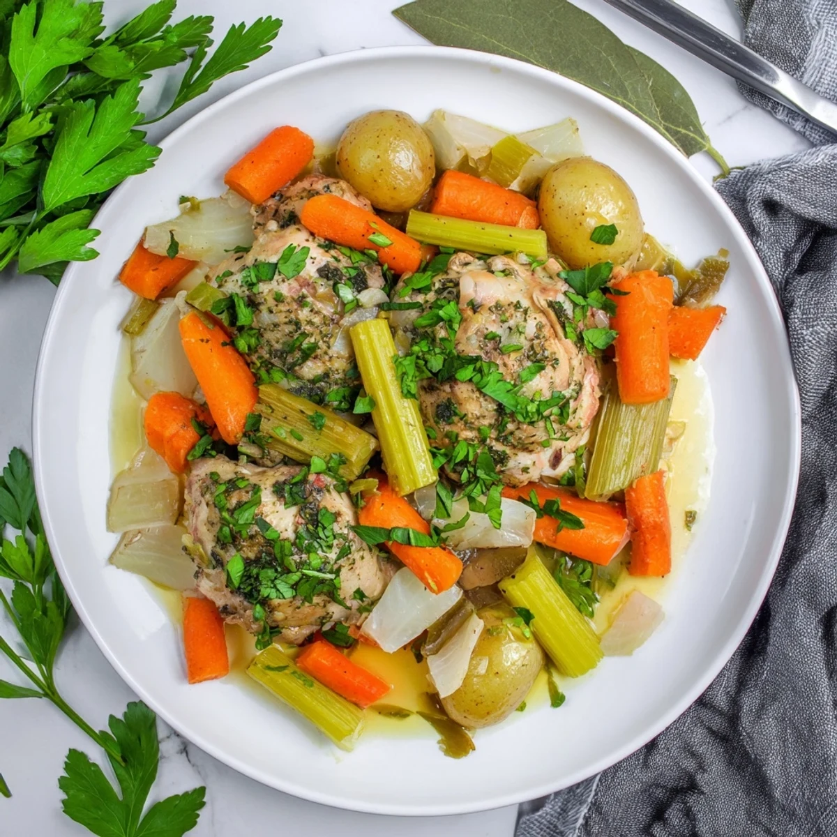 Tender Slow Cooker Chicken thighs with carrots and potatoes in a rich savory sauce garnished with fresh parsley